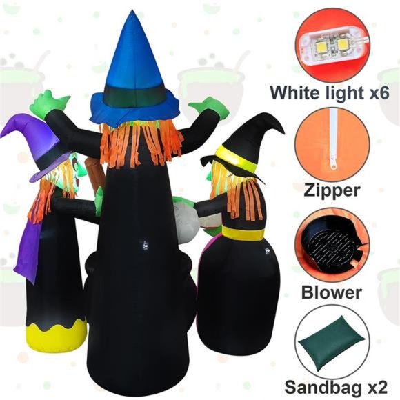 6 FT Tall Halloween Inflatable with Three Witches Around  Halloween Inflatables Decorations,6 Feet 3 Witches, LED Lights, Blow up Lighted